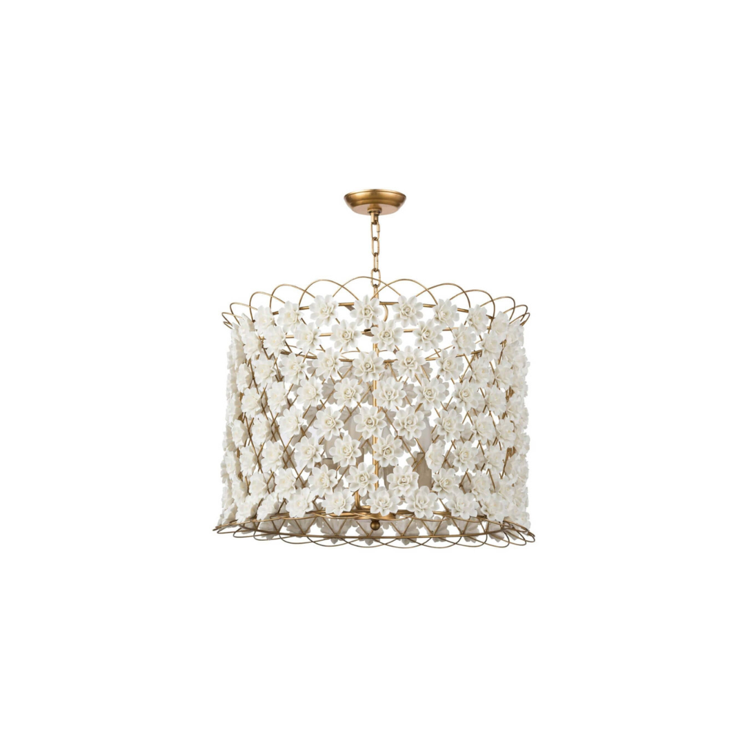 A chandelier with non-glazed porcelain flowers and a gold leaf-finished frame.
