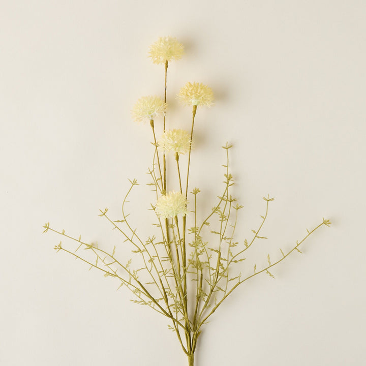 Faux wild melaleuca stem with five flower heads for a decorative floral arrangement.