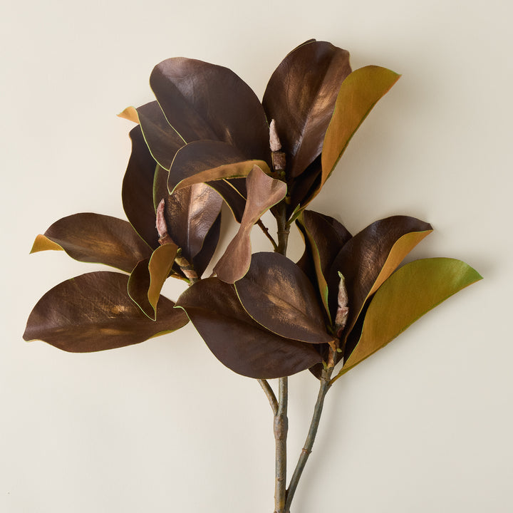 Faux magnolia branch with warm, brown-hued leaves, styled in a vase for a natural arrangement.