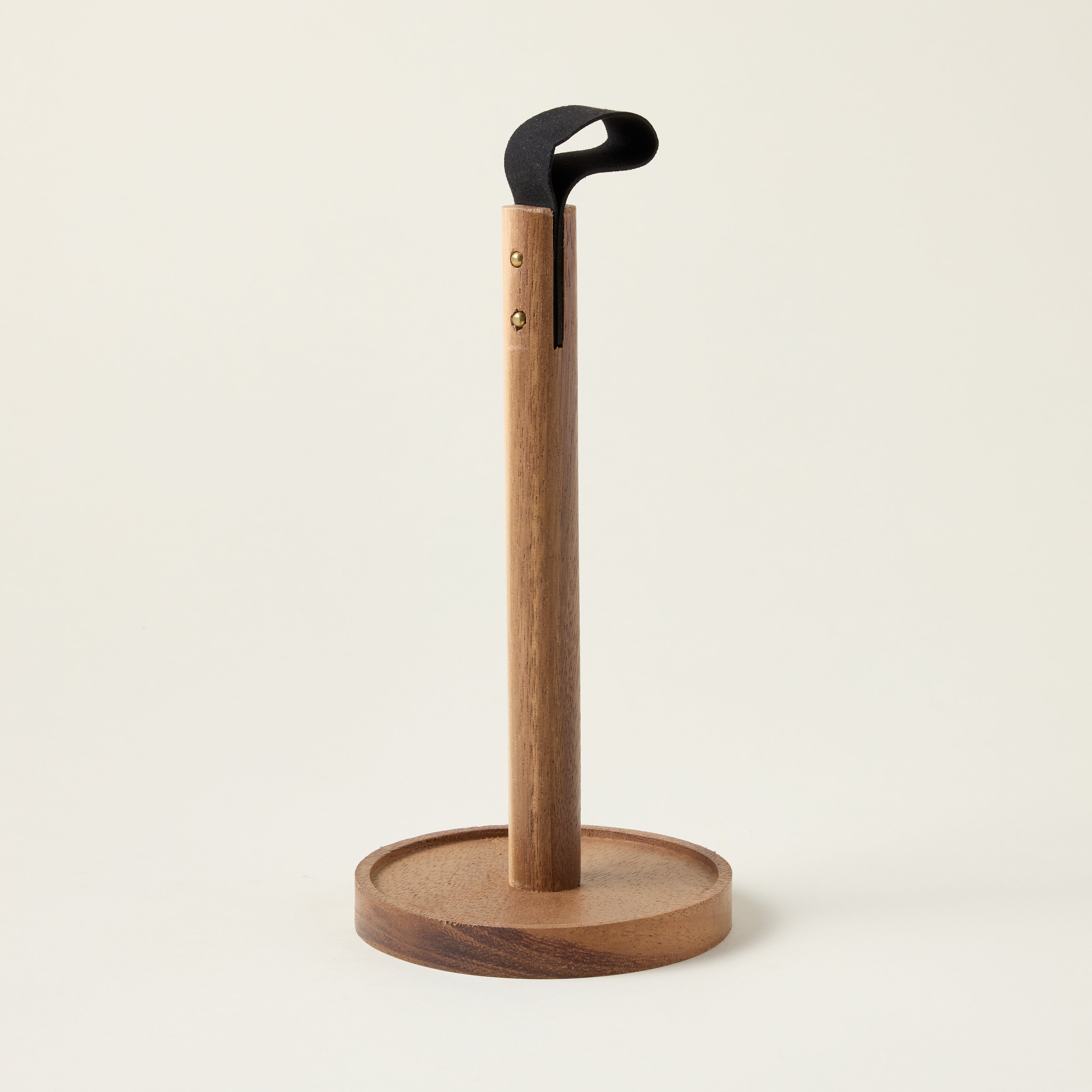 Sleek acacia wood paper towel holder with a natural wood grain and a refined, stylish design.