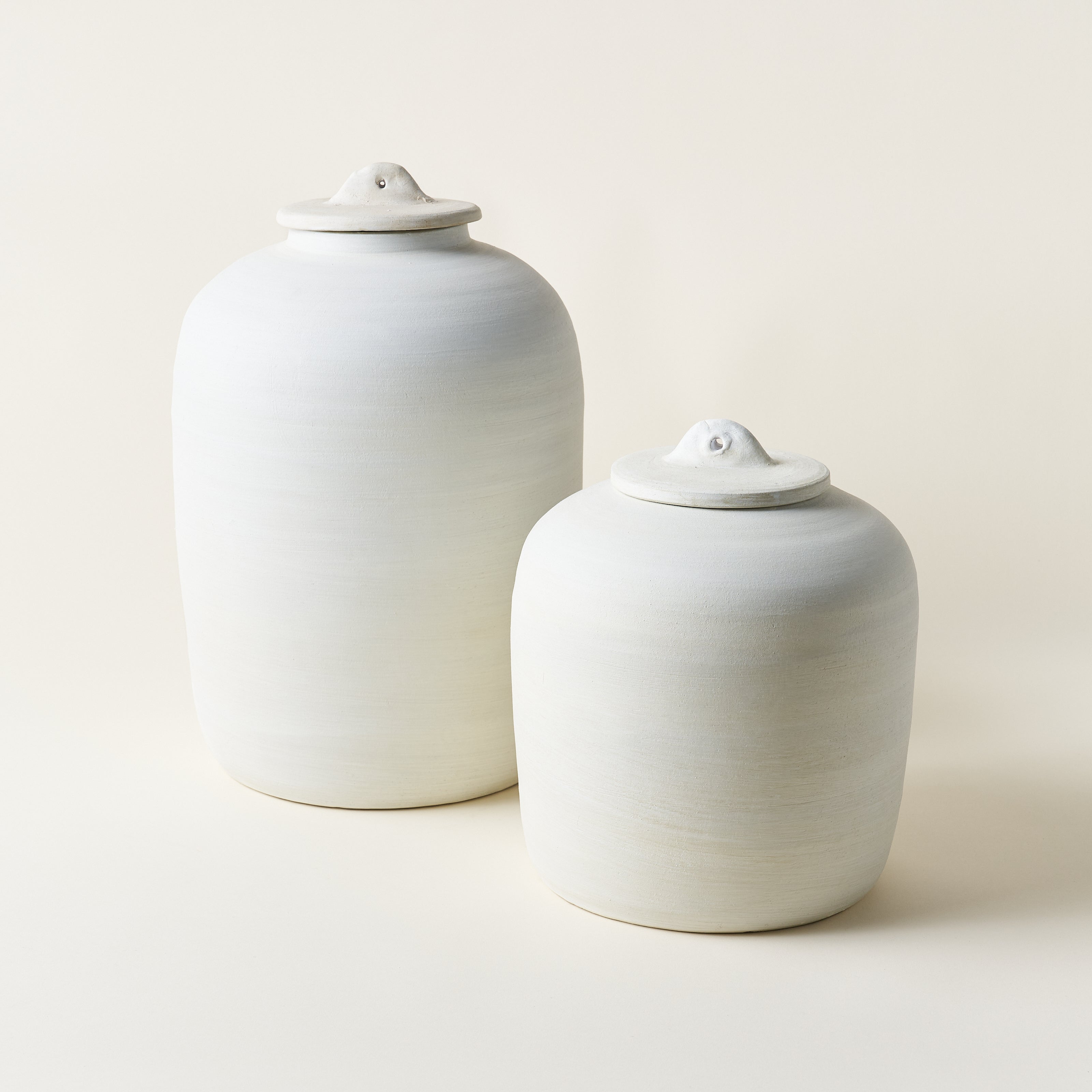 Set of two white ceramic canisters with lids in different sizes.