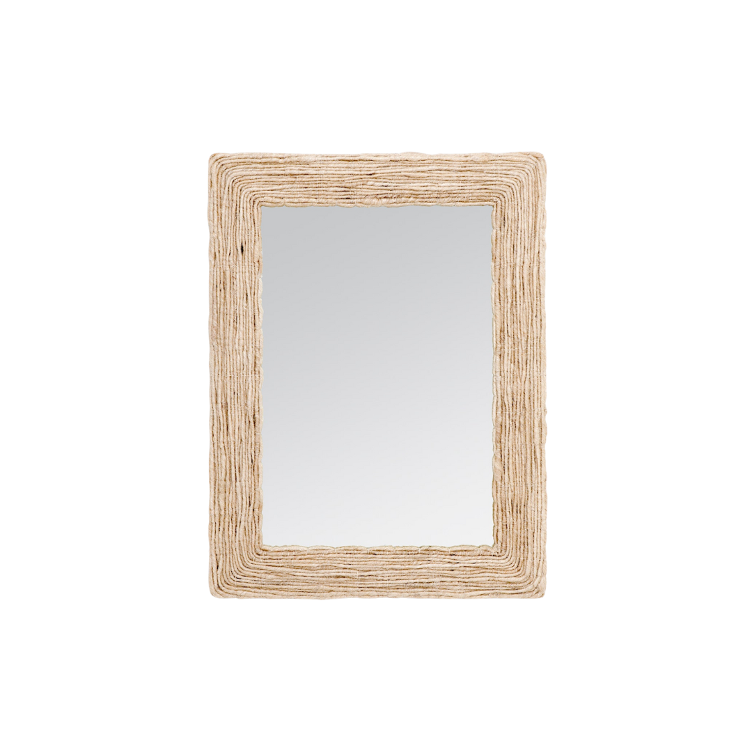 A rectangular mirror with a natural-style frame woven from abaca.