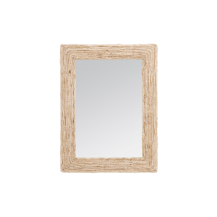 A rectangular mirror with a natural-style frame woven from abaca.