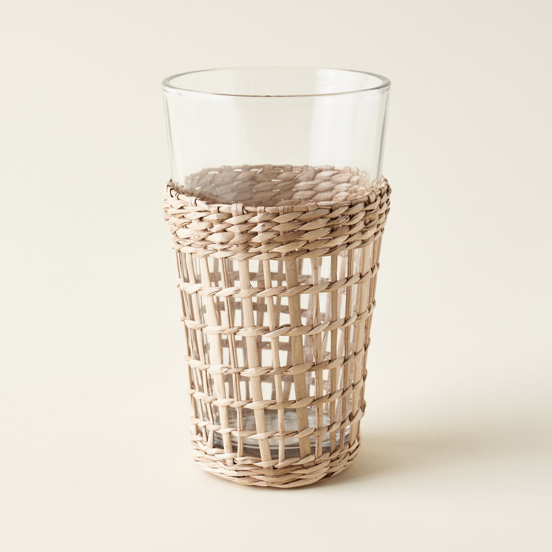 Boho seagrass wrapped glass, with a removable natural seagrass sleeve.