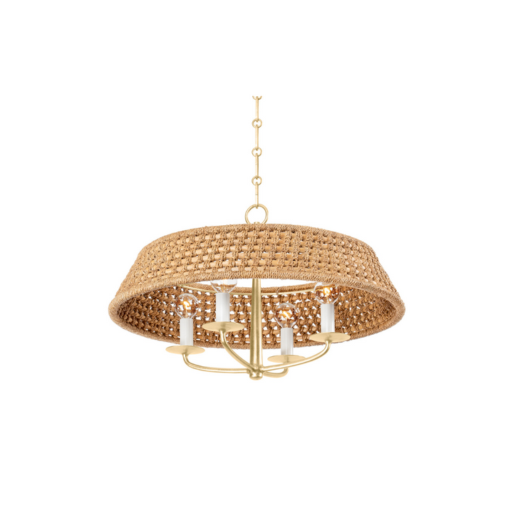 A chandelier with a natural woven shade and Vintage Gold Leaf metalwork.