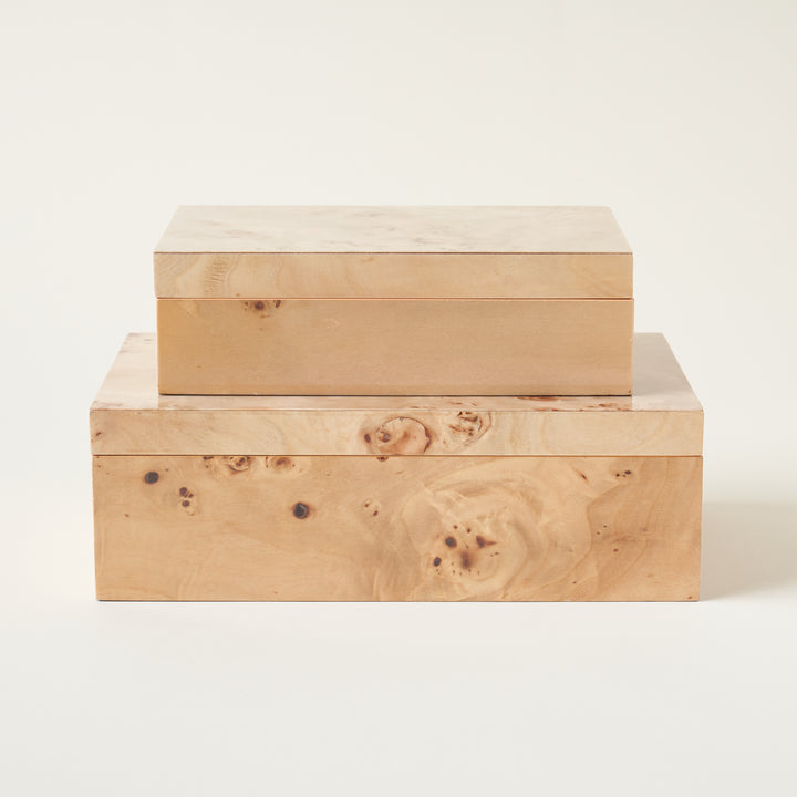 Sculptural burl wood hinge box with a unique grain pattern.