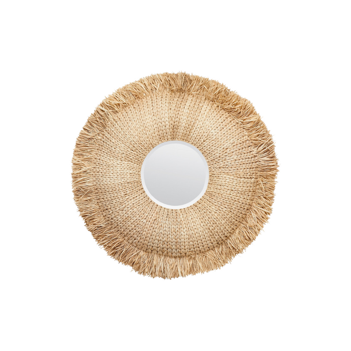A round mirror with a woven raffia border.