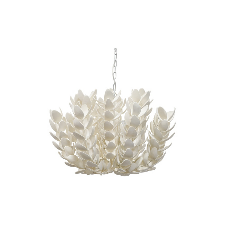A pendant light with a shade made of hand-cut coco shell petals.