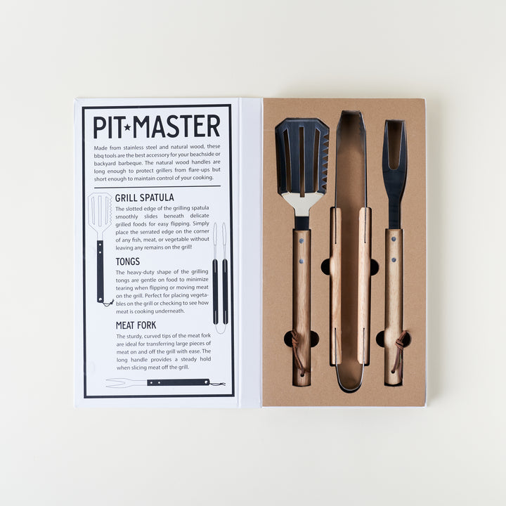 Grilling tool set made of high-grade stainless steel with natural wood handles.