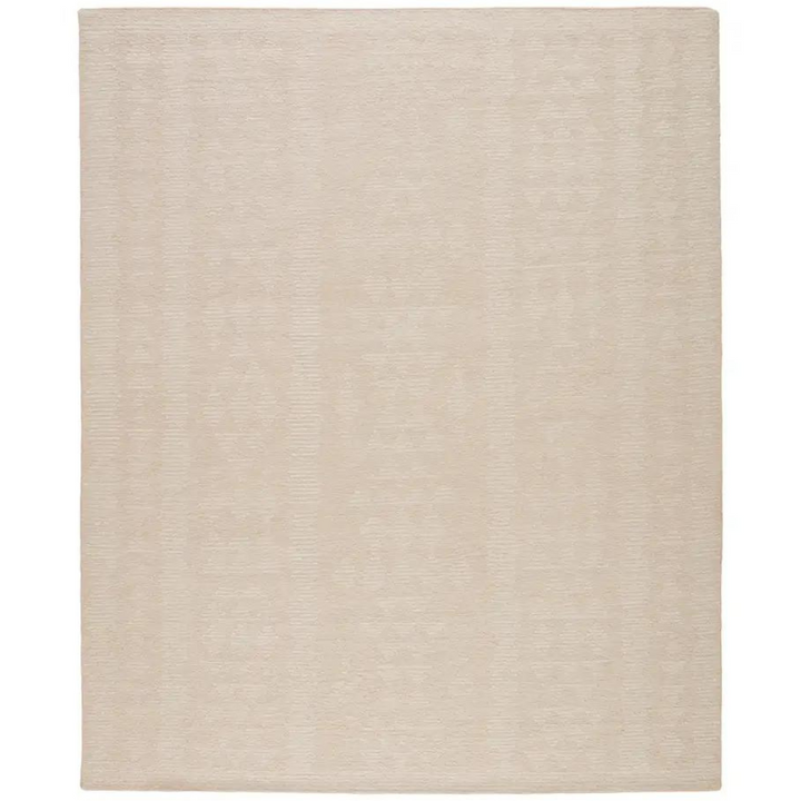 A hand-knotted rug with a tribal motif in pink and cream colors.
