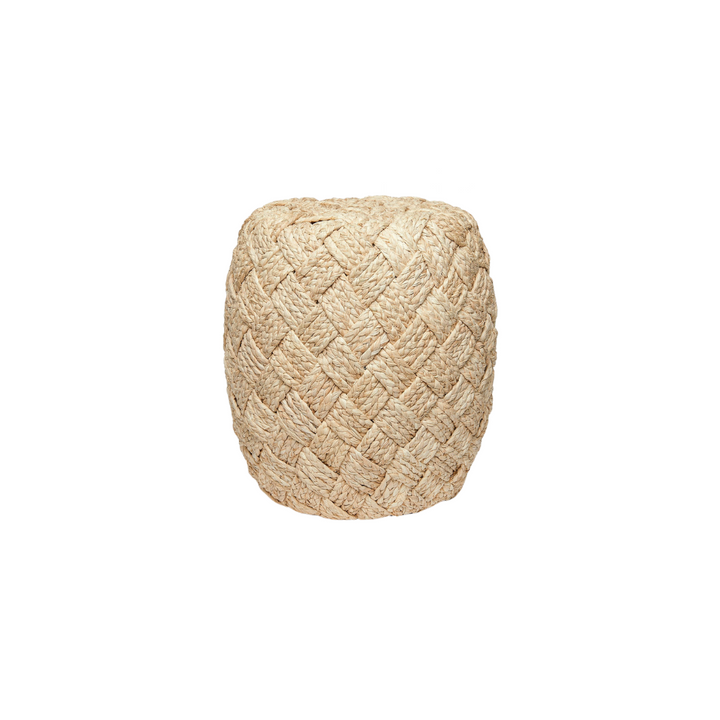 A stool with a braided raffia construction and a nautical-inspired design.