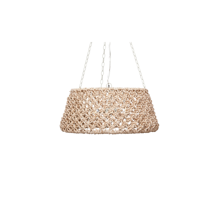 A handwoven chandelier made from natural abaca rope with a classic drum shape.