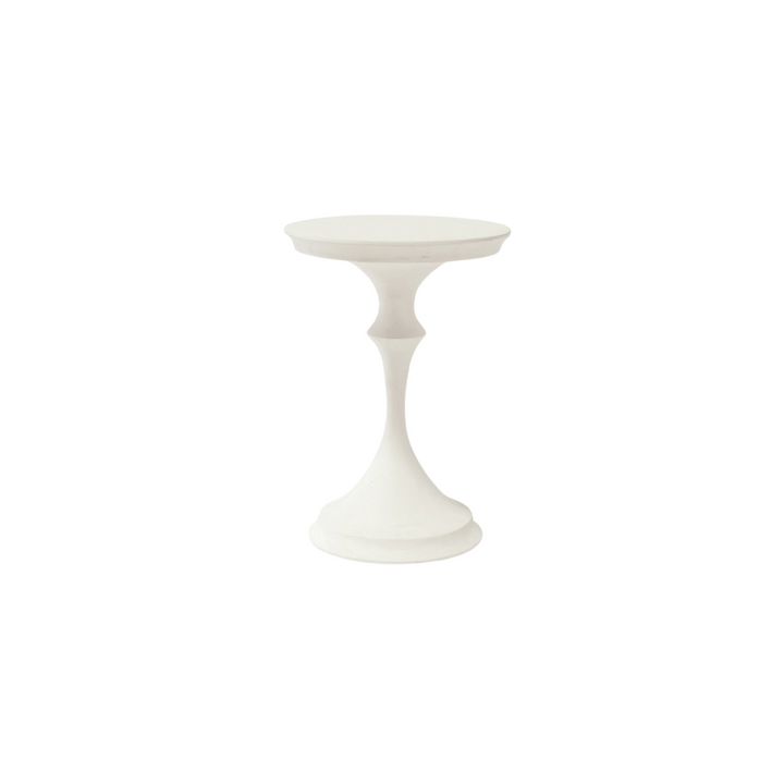 A white outdoor side table with a durable stonecast construction.