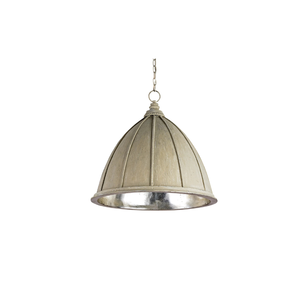 A wrought-iron pendant with an oyster cream exterior and a silver leaf interior.