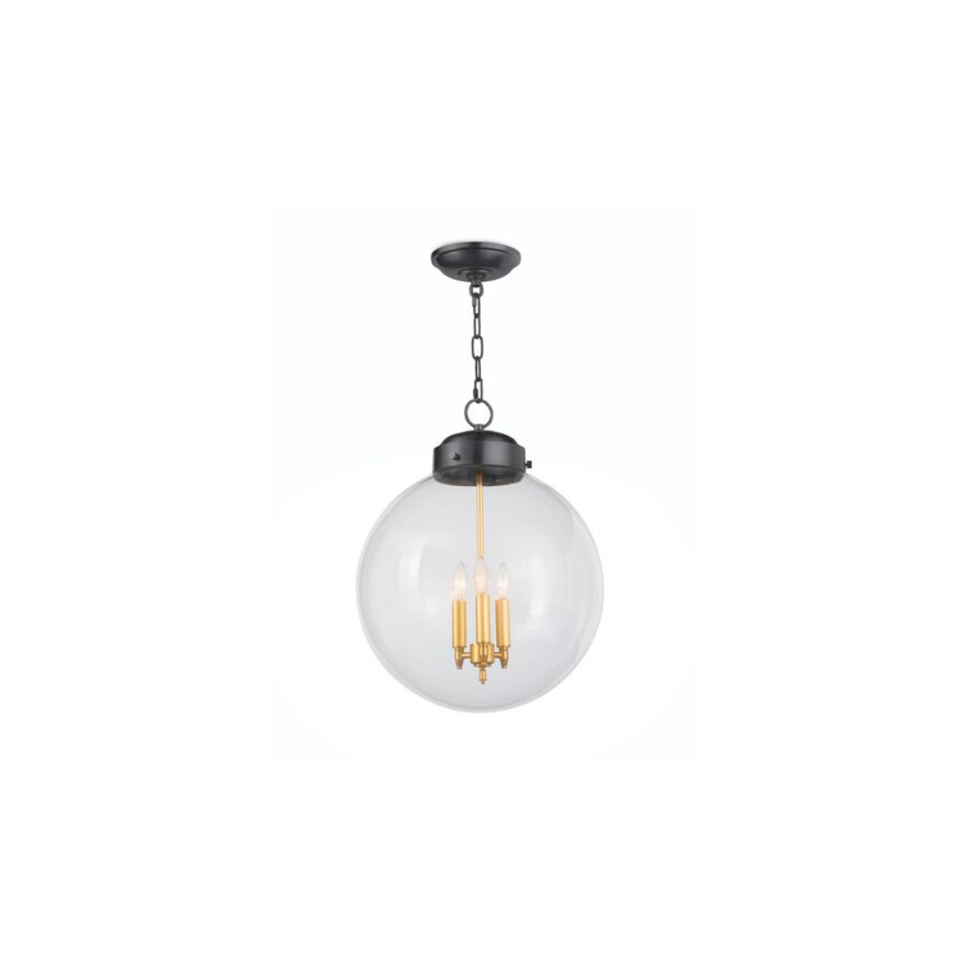 Globe pendant light with a circular glass globe and three candle-style light clusters.
