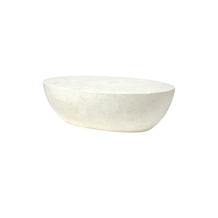 An outdoor coffee table with a white agate stone surface.
