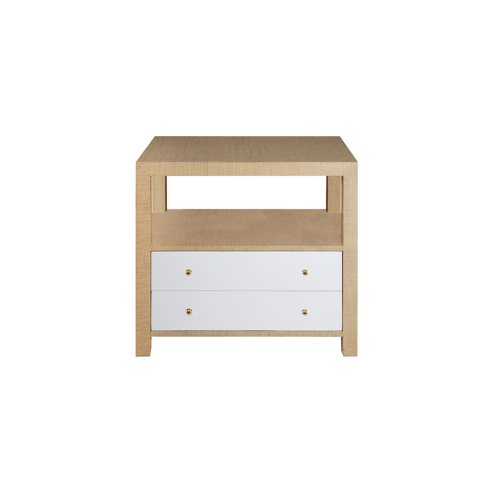 Hattie side table with two drawers, a matte white lacquer finish, and natural grasscloth frame.