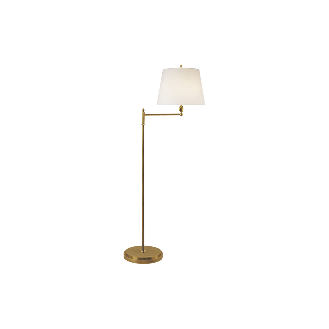 Paulo floor light with a classic swing arm design and a beveled base.