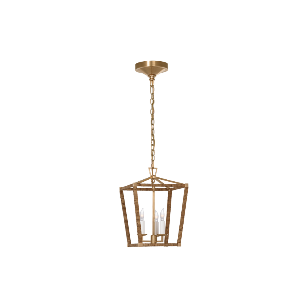 A mini lantern-shaped pendant with a frame intricately wrapped in natural rattan.