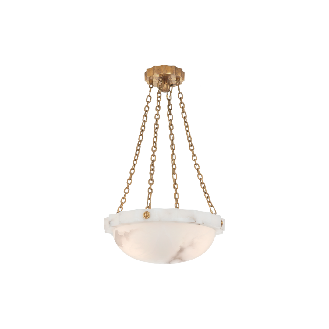 An elegant chandelier with a fluted band and an alabaster bowl.