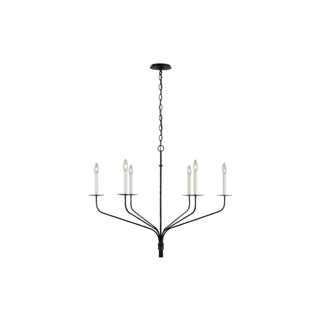 A minimal and elegant aged iron chandelier with slender arms.