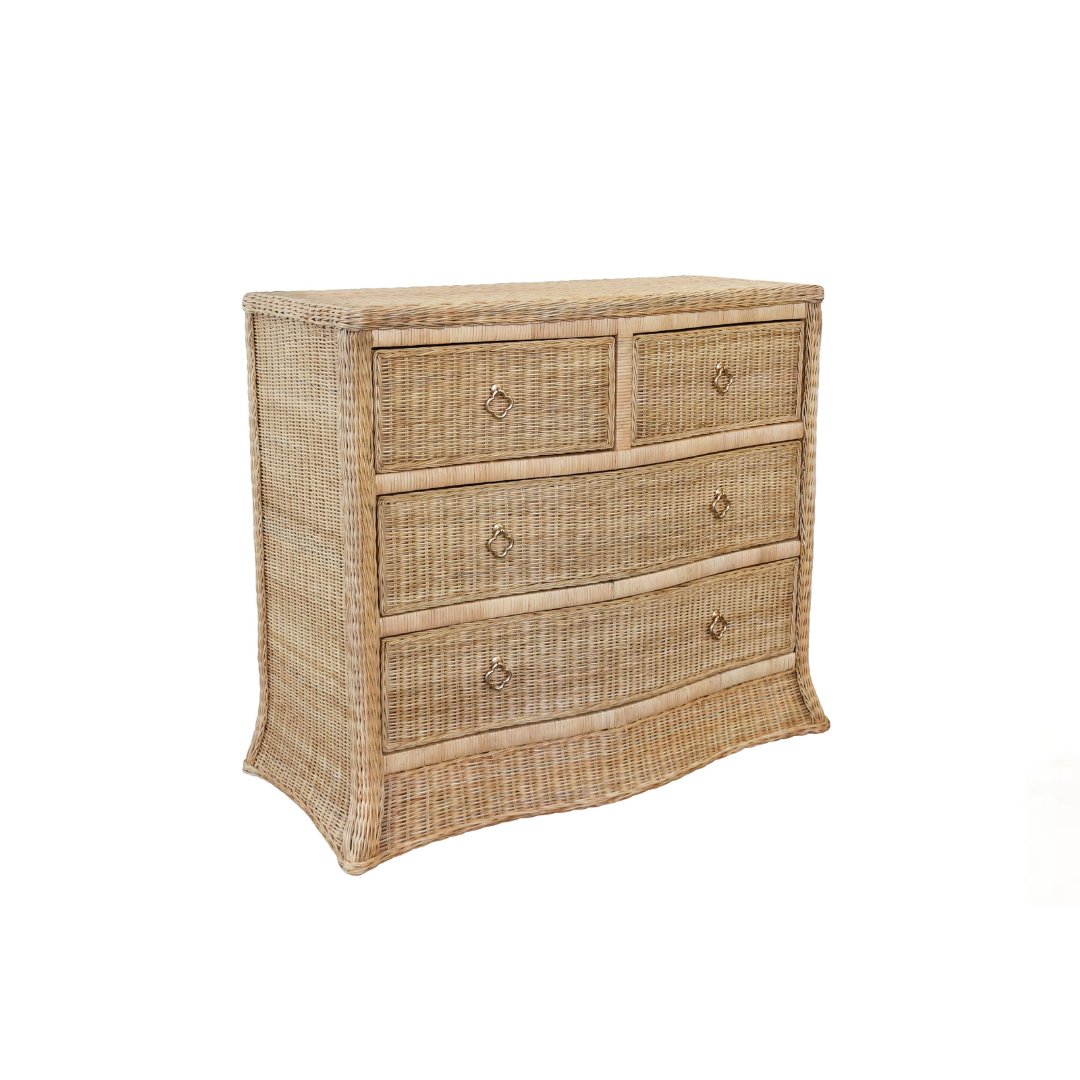 Lula Chest with four drawers, featuring woven rattan panels and satin brass pulls.