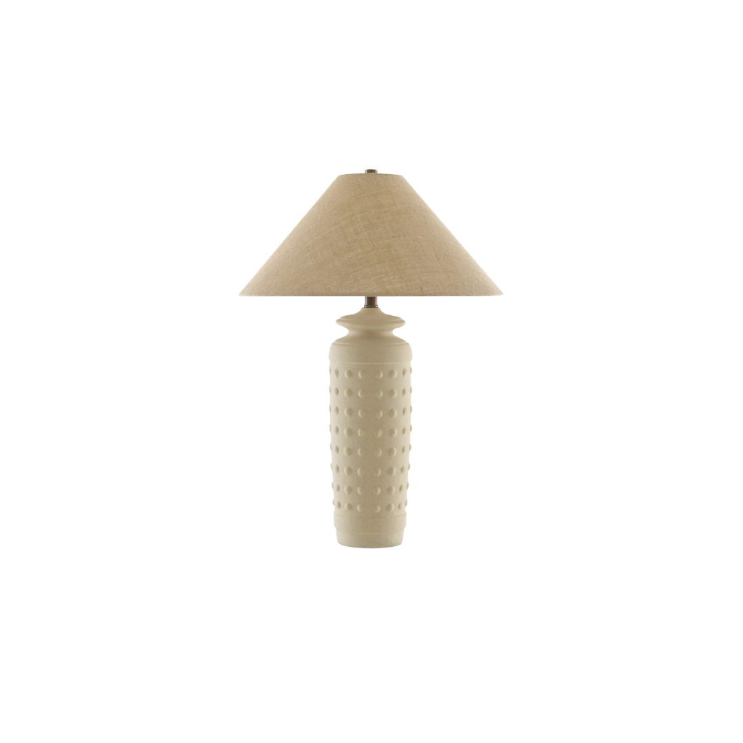 Rowan table lamp with a matte terracotta base and a natural burlap shade.
