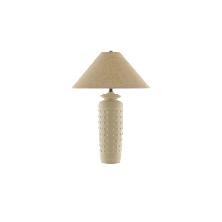 Rowan table lamp with a matte terracotta base and a natural burlap shade.