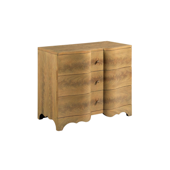 Evelyn Chest made of hardwood solids and cerejeira veneer with a shaped front and scalloped base.