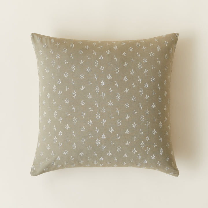 Hand-blocked floral pillow cover with a distressed finish and handwoven linen texture, a collaboration between KMH and Ginger Sparrow.