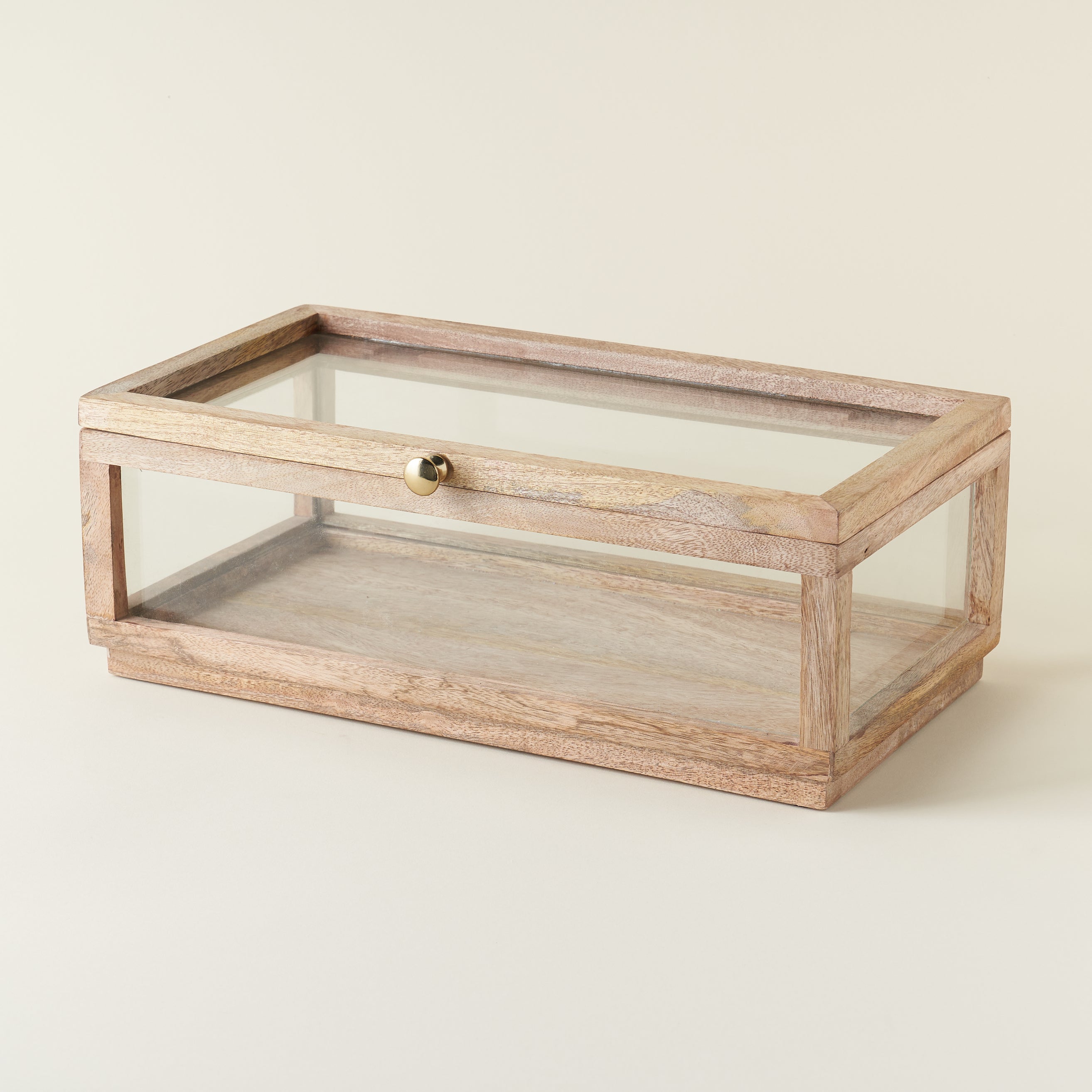 Mango wood and glass display box with a hinged lid.