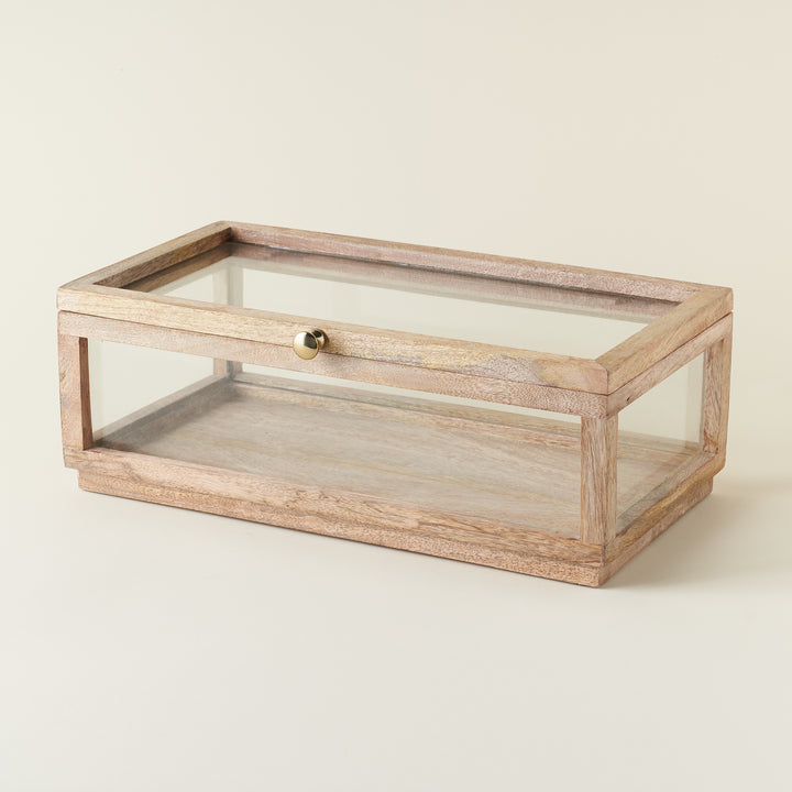 Mango wood and glass display box with a hinged lid.