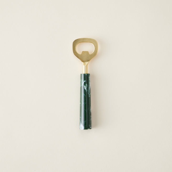 A bottle opener with a marbled green resin handle and a stainless steel top.