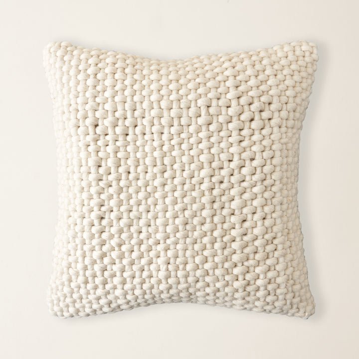 Classic ivory paisley woven pillow with a knife-edge detail.