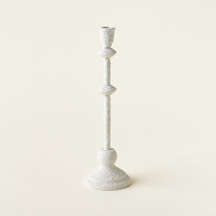 Petite white metal taper holder with a sand finish.