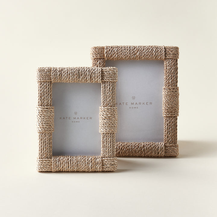 A set of two decorative photo frames in different sizes, both wrapped in a natural abaca rope texture.