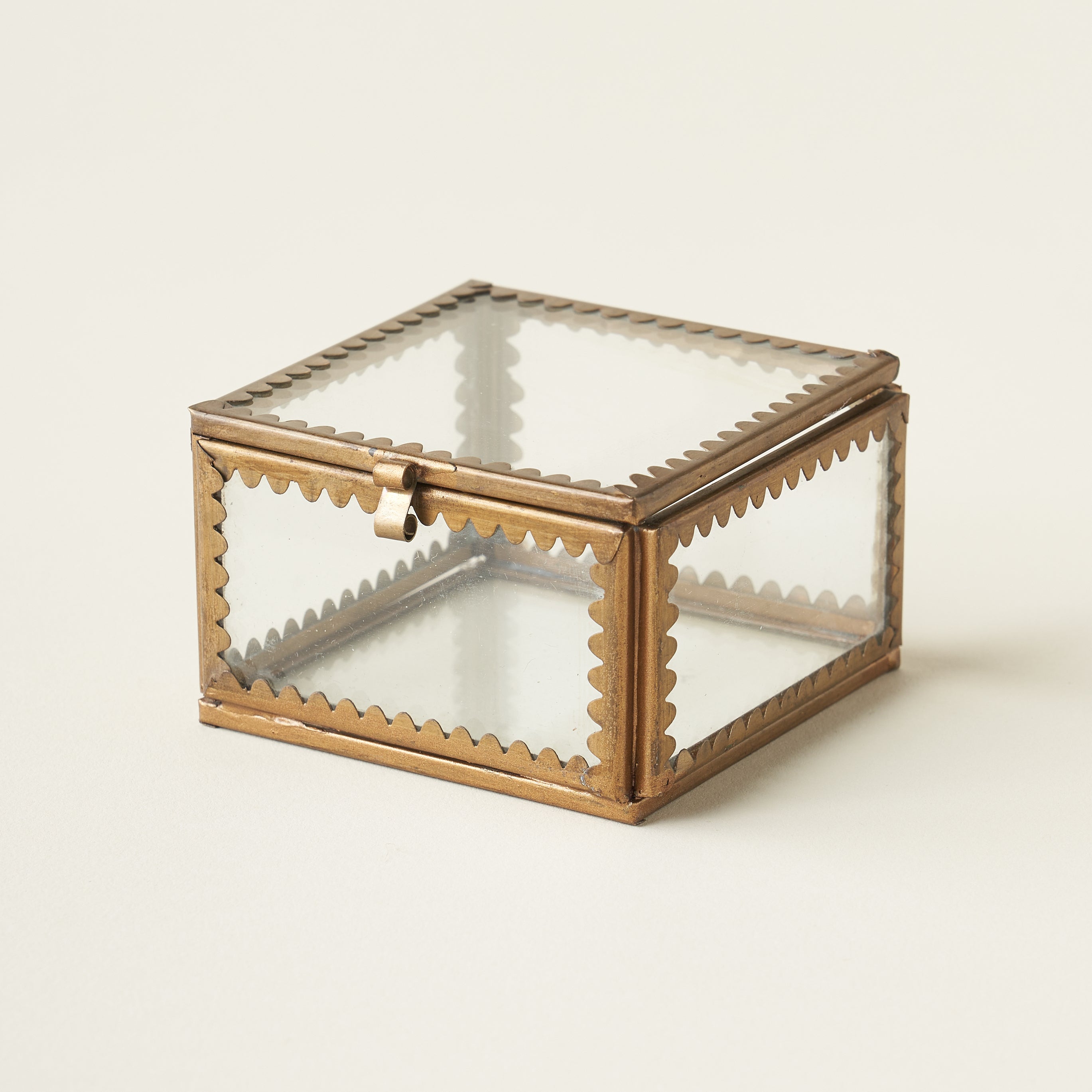 Scalloped brass and glass display box with a unique scalloped edge and a timeless, elegant design.