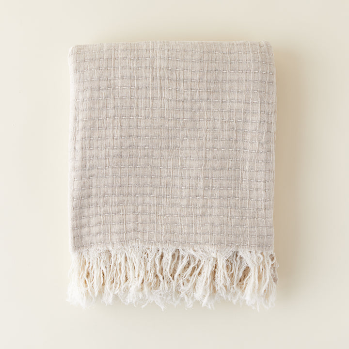 Stitch Throw Blanket for home decor. Soft, luxurious woven throw blanket in a neutral color, styled for a living room sofa or bedroom bedding.