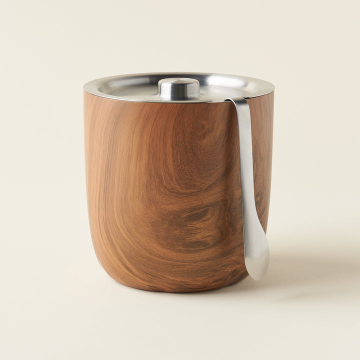 Teakwood ice bucket with tongs, made from food-grade stainless steel with a teak wood exterior.