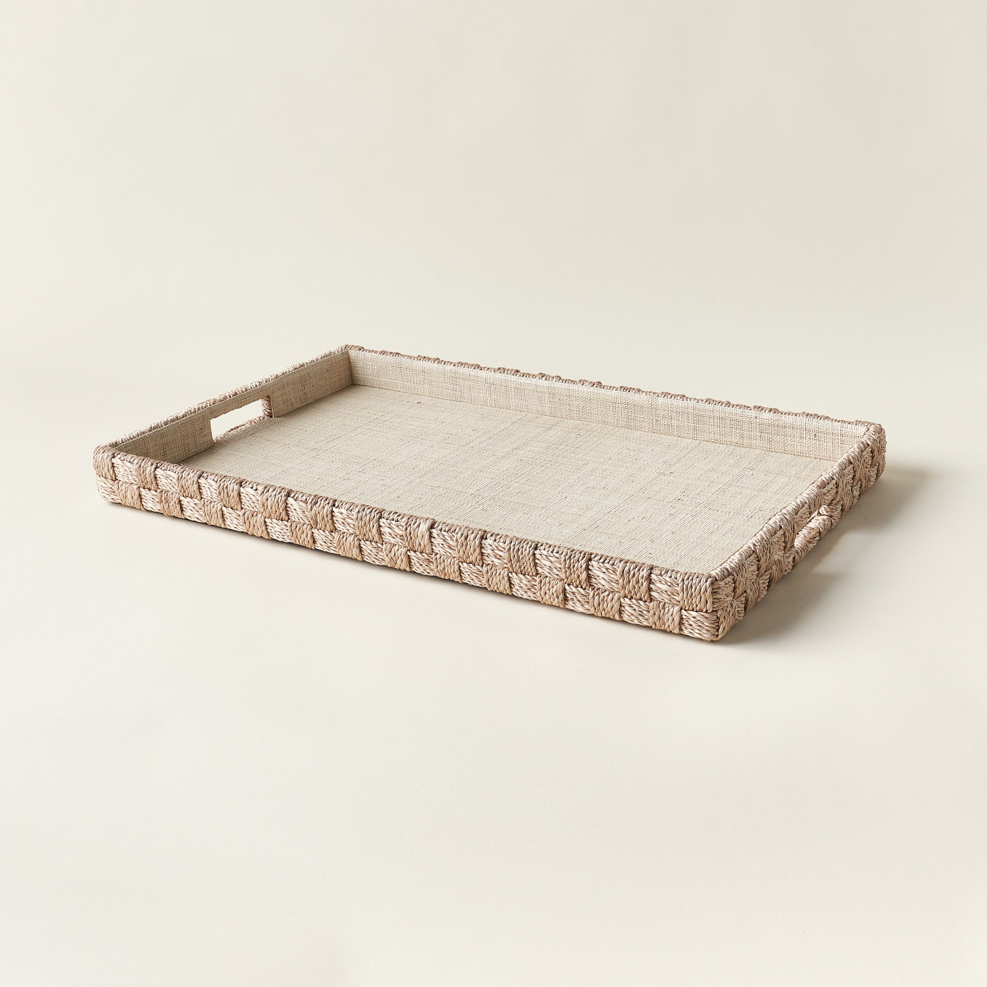 A large, rectangular tray with an intricately woven abaca rope basket weave pattern.