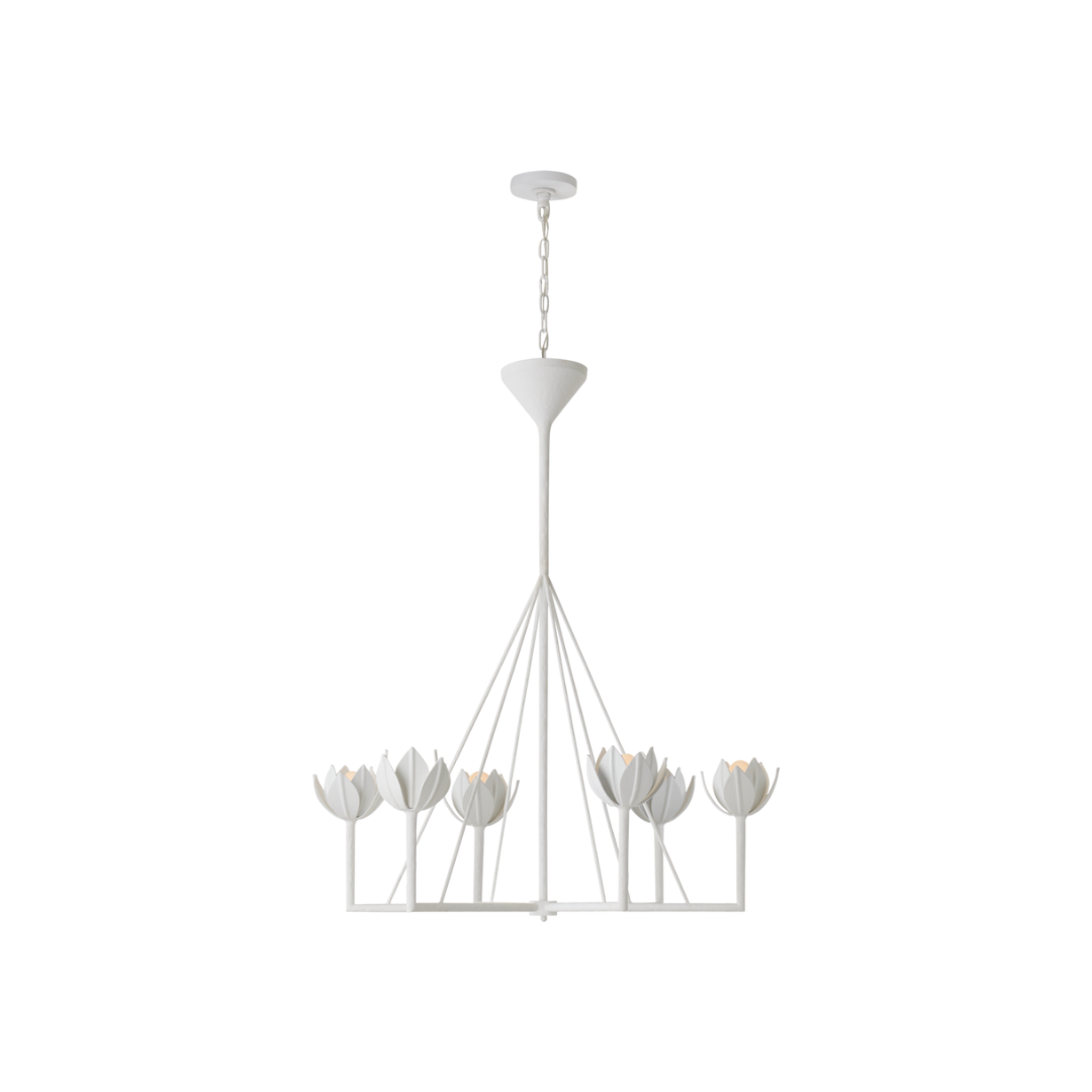 A large white plaster chandelier with a single tier of floral designs.