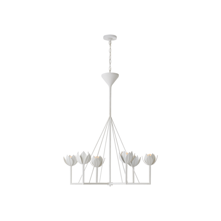 A large white plaster chandelier with a single tier of floral designs.