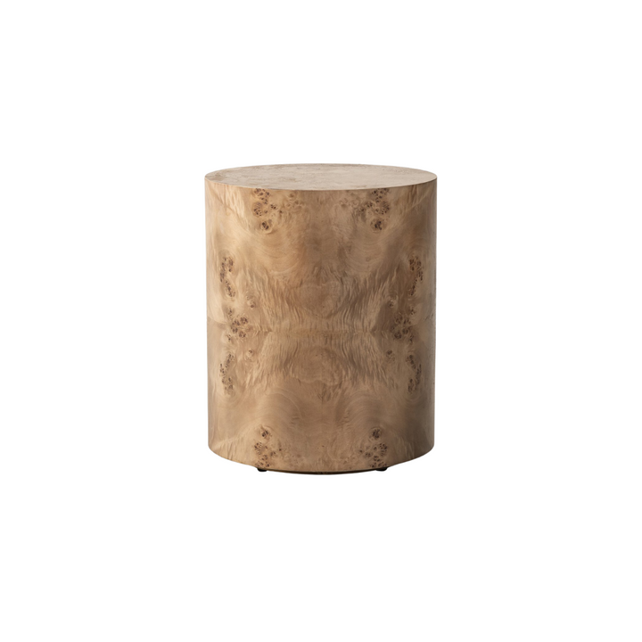 A small drum-shaped table with a richly grained caramel burl veneer.