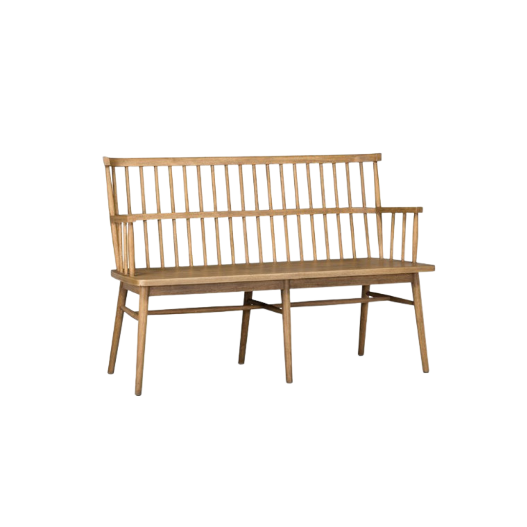 Denver Bench, a Windsor-style bench with a sandy finish.