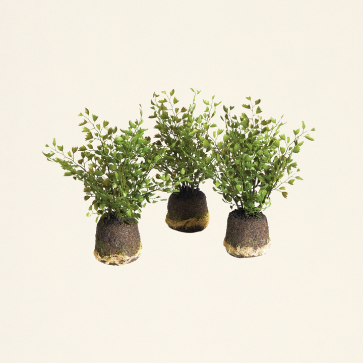 A realistic artificial green plant with a crafted root ball.