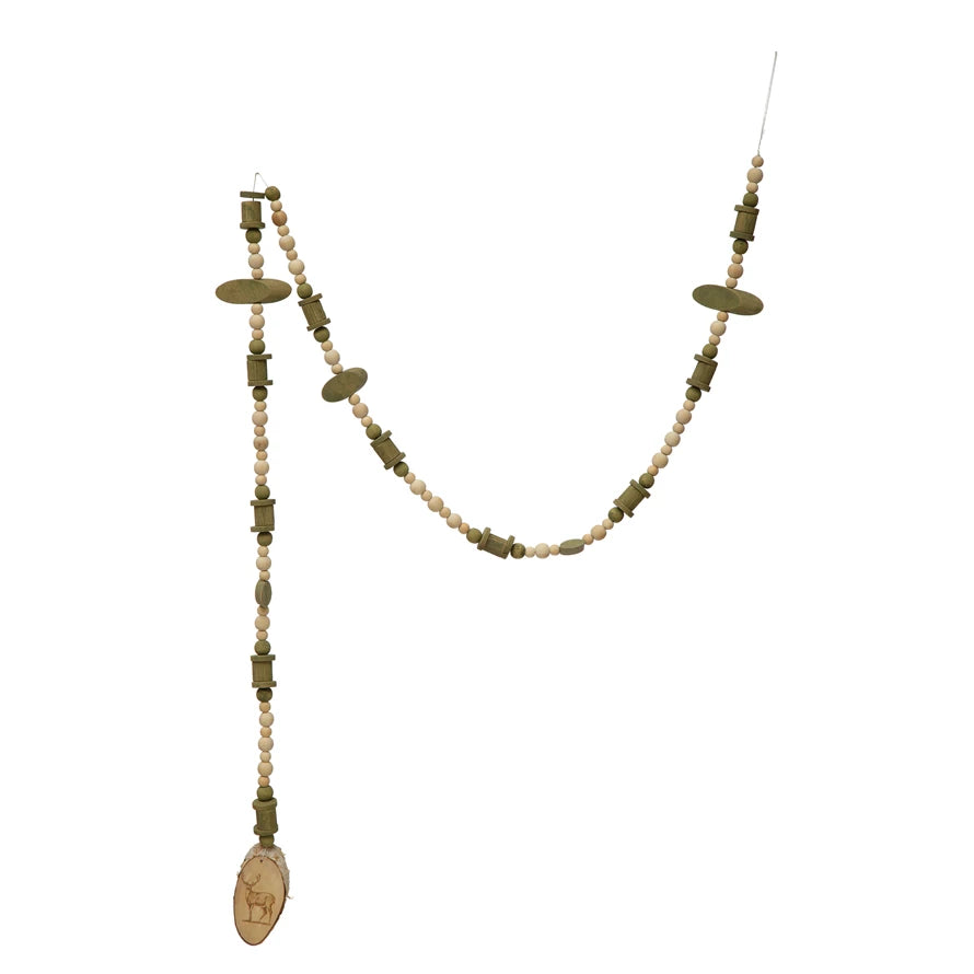 A long decorative garland with green and natural paulownia wood beads, and a deer-shaped ornament.