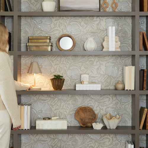 Minimalist decorative accessories styled on shelves