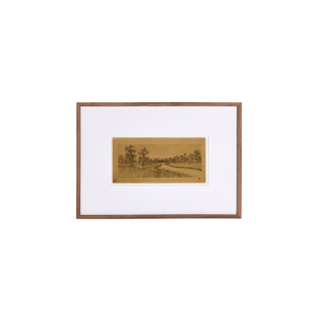 Handmade sketched landscape of the Texas Hill Country with a raw canvas edge and a rustic walnut frame.