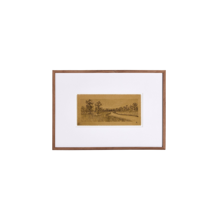 Handmade sketched landscape of the Texas Hill Country with a raw canvas edge and a rustic walnut frame.