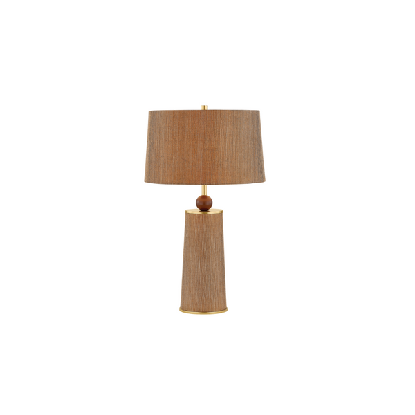 January table lamp with a woven jute shade, a walnut wood sphere, and brass accents.